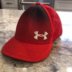 Red, black and white Under Armour hat.